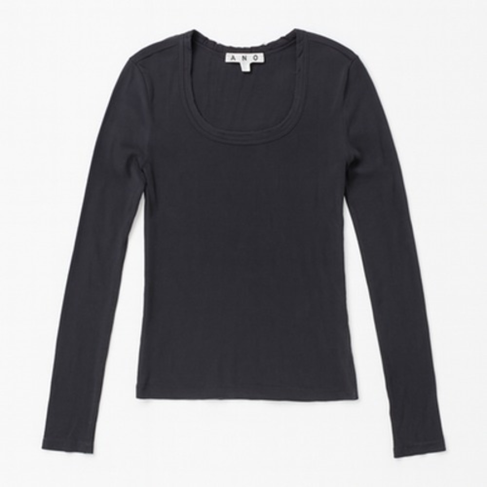 AMO Women's Long Sleeve Scoop Neck Tee Top Navy Blue Raw Edge Cotton